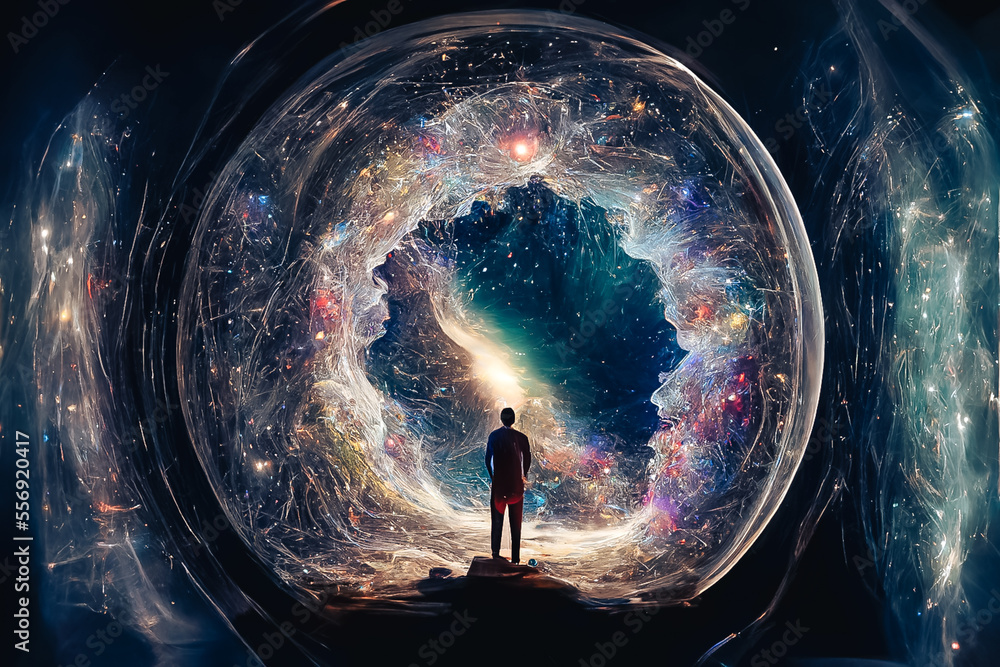 Poster universe within. human inside the universe. the concept on scientific and philosophical topics.