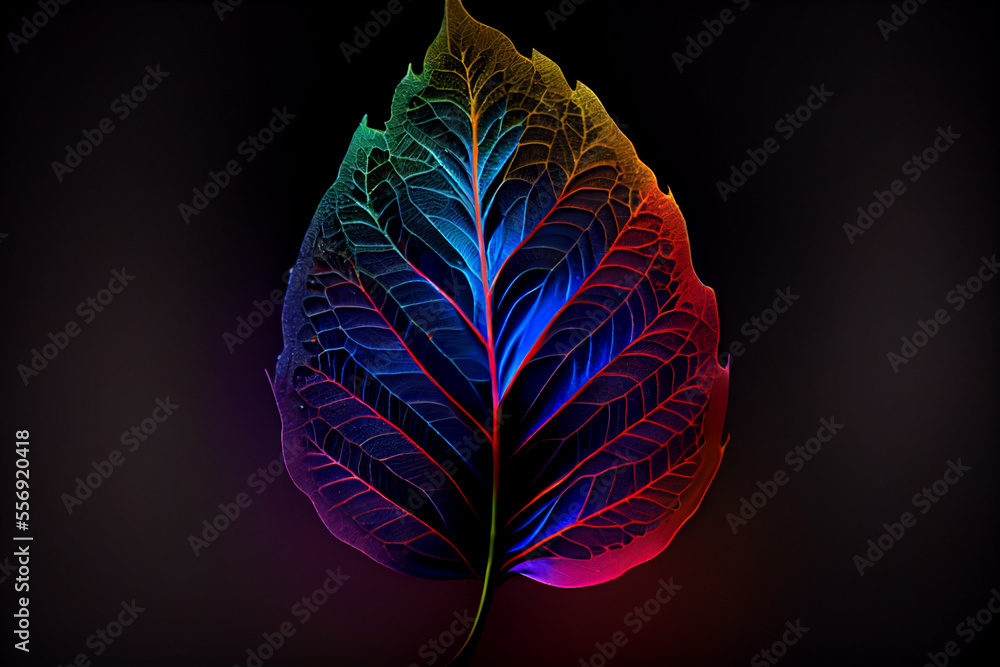 Poster close up beautiful abstract leaf in colorful light. minimalism modern style concept. dark background
