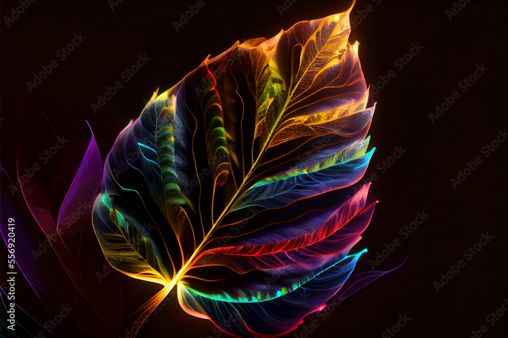 Aufkleber Close up Beautiful abstract leaf in colorful light. Minimalism modern style concept. Dark Background pattern for design.	