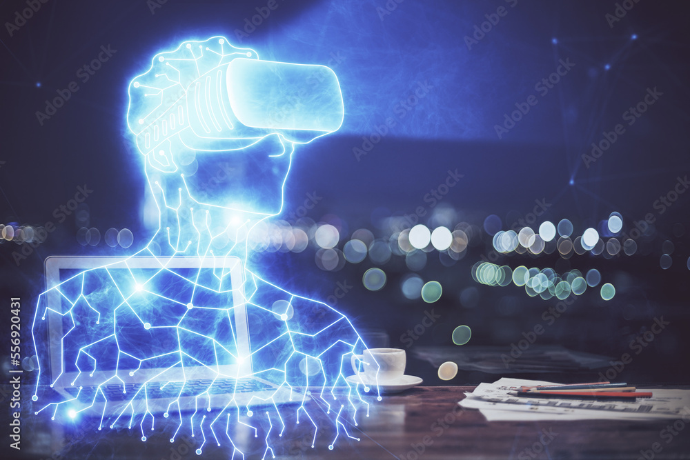 Aufkleber computer on desktop with ar theme icon. multi exposure. concept of augmented reality.