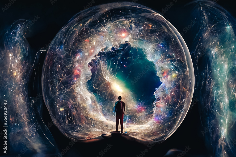 Poster universe within. human inside the universe. the concept on scientific and philosophical topics.