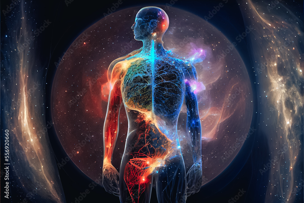 Poster universe within. human inside the universe. the concept on scientific and philosophical topics.