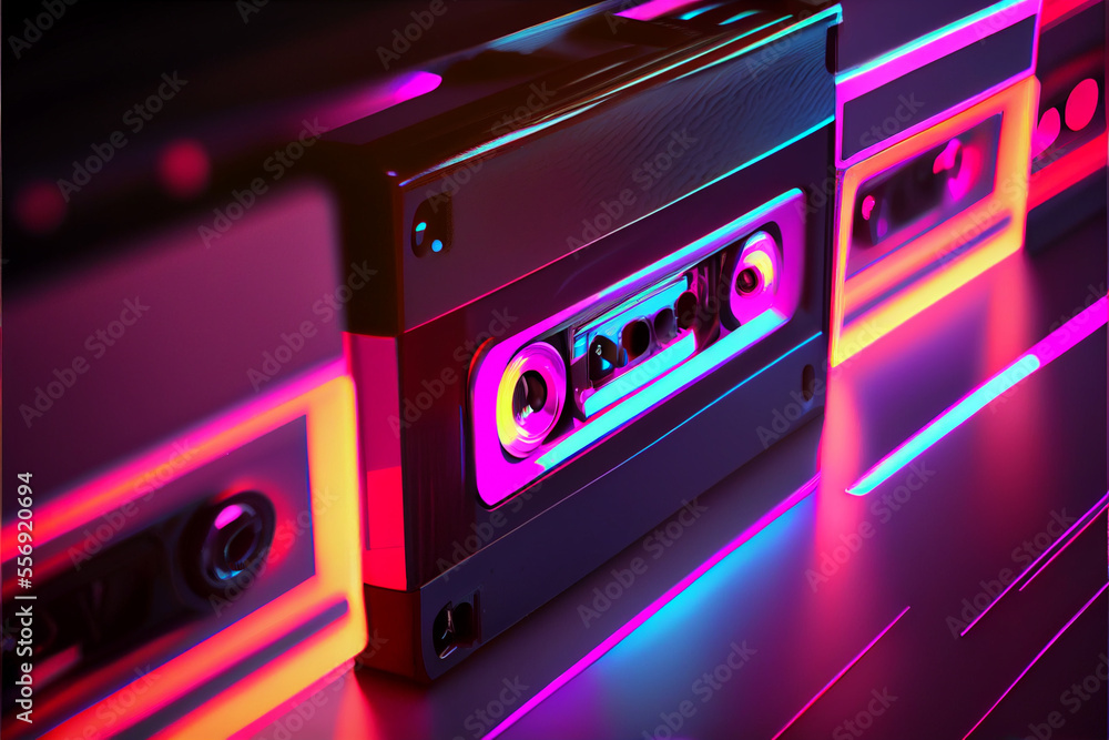 Poster beautiful audio cassette tape in neon light.minimalism retro style concept. 80s. background pattern 