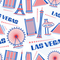 Vector Las Vegas seamless pattern, square repeat background with illustration of simple outline red buildings on white background for wrapping paper, decorative urban poster with blue text las vegas © mihmihmal