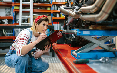 Obraz premium Concentrated mechanic woman with clipboard reviewing damages in motorbike over platform on workshop