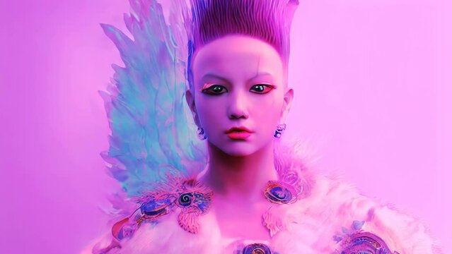 generative ai animation of surreal painting of a woman with feathers in pink. Digital image painted manipulation videoloop impressionism style.