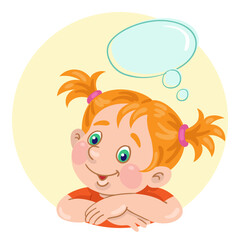 Portrait of a red-haired little girl. Avatar icon in circle with speech bubble. In cartoon style. Isolated on white background. Vector illustration.