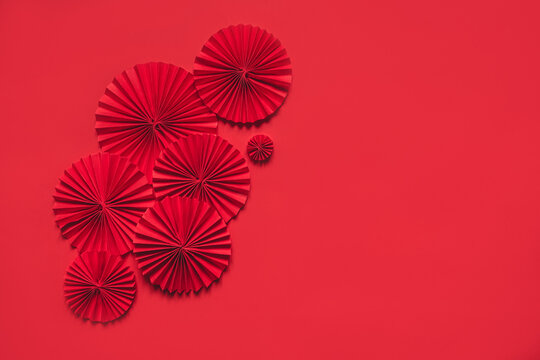 Chinese New Year 2023 .Decor pattern fan on red background. Red paper fans .Lunar New Year banner template. Lunar New Year,chinese banner,chinese new year background