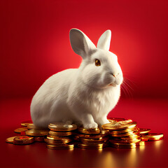 Chinese New Year concept It's the year of the rabbit 2023, rich in trading, lots of money. A rabbit sits on a pile of gold coins. AI generative