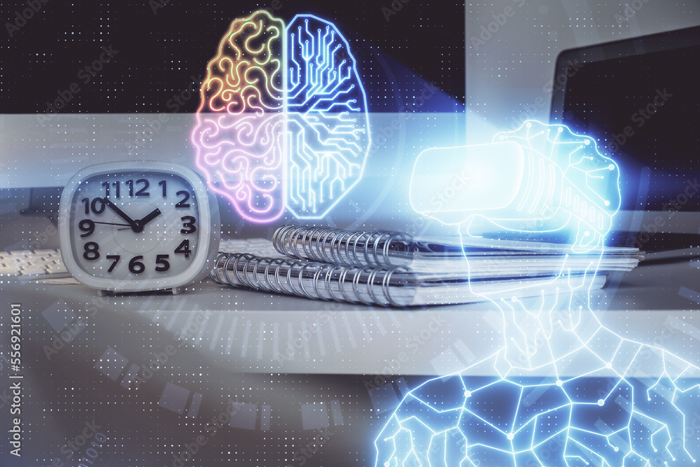 Poster Computer on desktop with AR theme icon. Multi exposure. Concept of augmented reality.