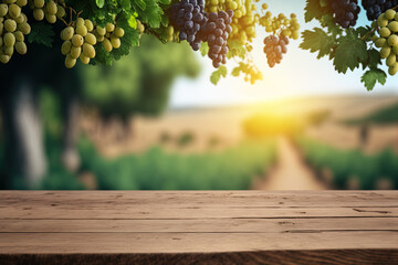 Naklejka na ściany i meble Old wooden tabletop with a blurry backdrop of grapes and a vineyard. Wine product tabletop design with a rural environment. Banner for a winery exhibition setup. Generative AI