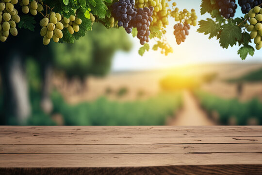 Old wooden tabletop with a blurry backdrop of grapes and a vineyard. Wine product tabletop design with a rural environment. Banner for a winery exhibition setup. Generative AI