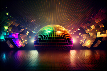 retro colorful disco background with mirror ball  and spotlights on the dancefloor - obrazy, fototapety, plakaty