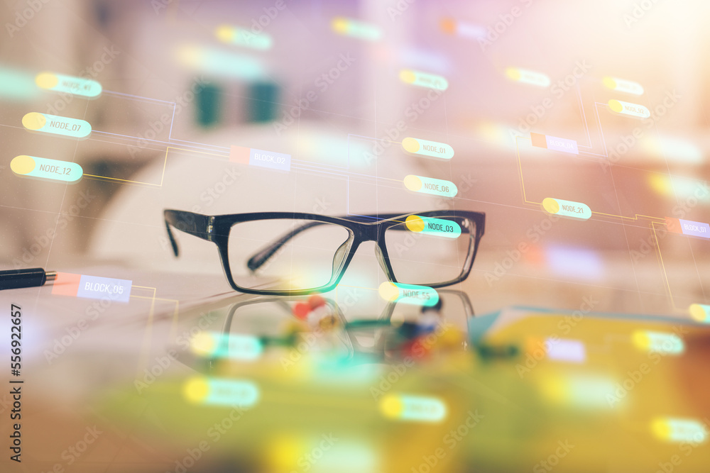 Aufkleber data tech hologram with glasses on the table background. concept of technology. double exposure.