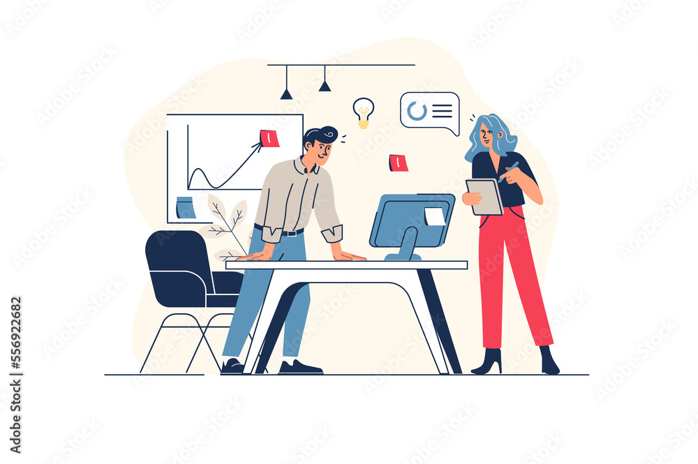Aufkleber digital business concept in flat line design with people scene. man and woman working at office toge