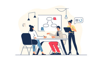 Businesspeople concept in flat line design with people scene. Women and men working in office, talking at meeting, brainstorming, creating strategy at conference room. Illustration for web