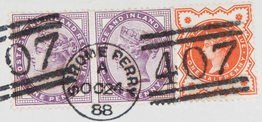 stamp briefmarke vintage retro alt old papier paper gestempelt frankiert cancel  lila orange one...