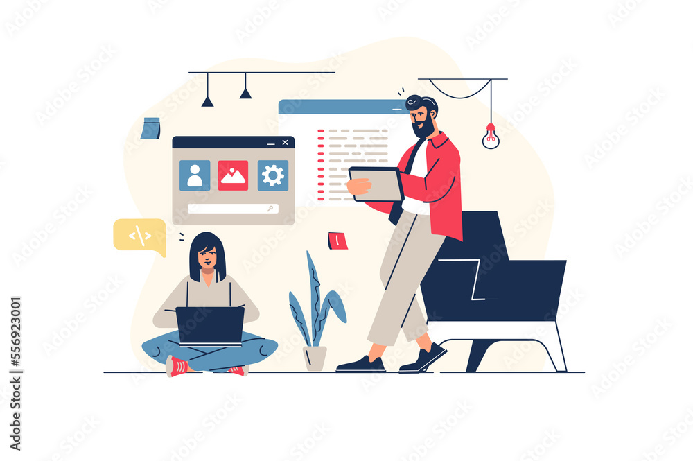 Poster ui ux programming concept in flat line design with people scene. woman and man creates user interfac