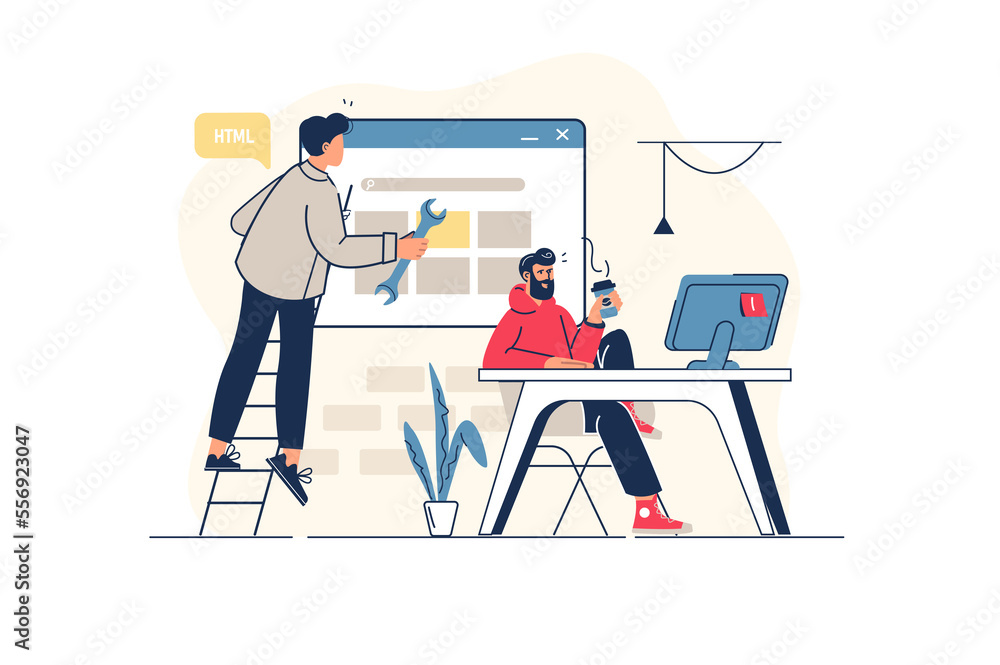 Aufkleber web development concept in flat line design with people scene. men creates sites and homepages layou