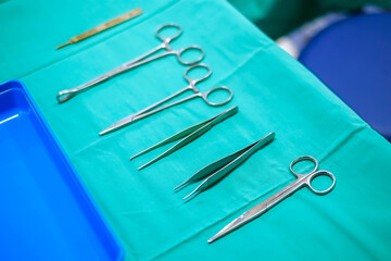 Surgical instruments in the operating room. Various surgery tools.