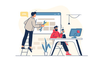 Web development concept in flat line design with people scene. Men creates sites and homepages layouts and optimization for different gadgets, fillings graphic content. Illustration for web