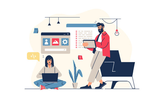 UI UX programming concept in flat line design with people scene. Woman and man creates user interface layouts and optomozates for different gadgets, develop applications. Illustration for web