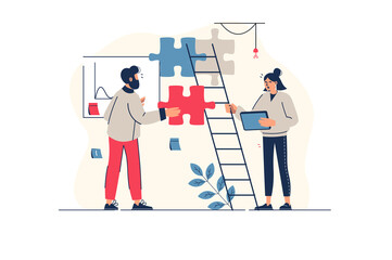 Teamwork concept in flat line design with people scene. Woman and man colleagues work together, discuss tasks, places puzzle pieces, brainstorming and developing business. Illustration for web