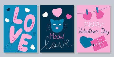 Valentines Day cards set. Doodles and sketches vector illustrations. Printable cards template for Valentine`s Day. Ideal for Valentine`s Day. Layout in A6. 