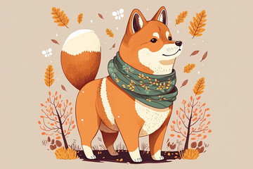 adorably drawn shiba inu dog wearing a scarf cartoon symbol, an animal and a piece of nature, flat. Generative AI