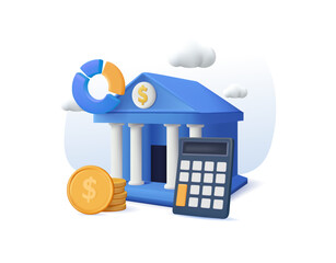 Coins, Financial Graphs Near Government Finance Department or Tax Office Column Building. Public Finance Audit Concept. 3D render Vector Illustration. Online banking, bank icon, finance calculation - obrazy, fototapety, plakaty