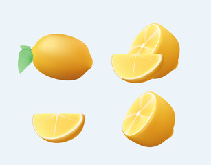 3D Icon set lemon, vector illustration on white background. Fresh lemon fruits, collection of 3D render vector illustrations. Lemon slices. Fresh citrus, half sliced lemons and chopped lemon lemonade
