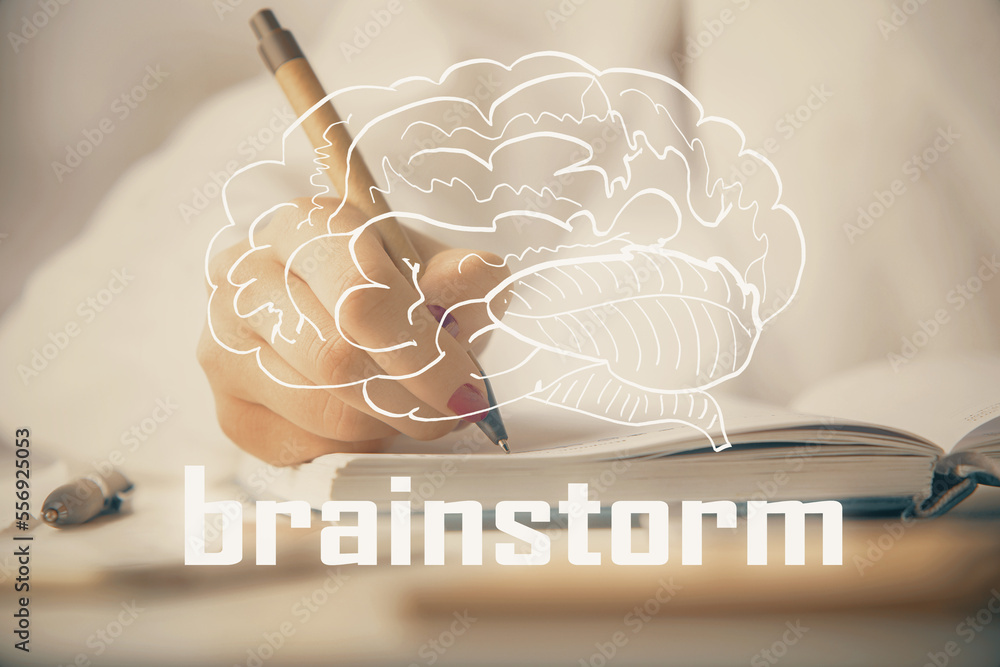 Poster Start up creative drawing over close up hands in notepad background. Concept of brainstorming. Double exposure