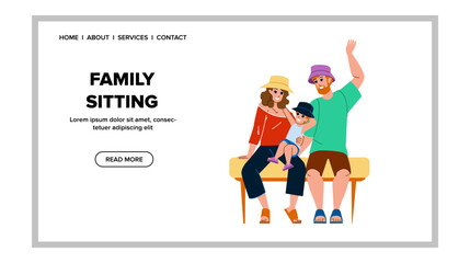 family sitting vector. happy home, child together, man father, smile couch, woman kid, mother family sitting web flat cartoon illustration