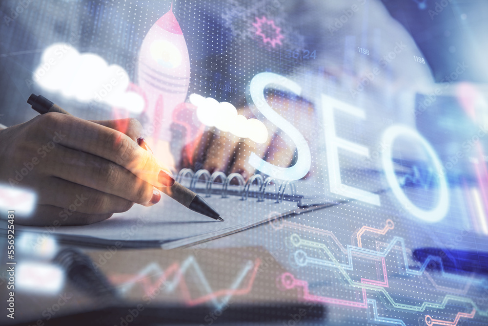 Poster double exposure of woman's hands making notes with seo icon. concept of search engine optimization