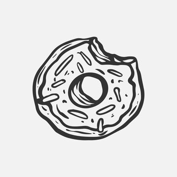 Amazing Donut Clip Art Very Easy To Use For All Purposes. Donut Illustration In Black And White Vector. Snacks With Great Engraving Details.