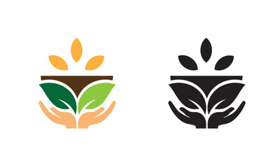 set of icons of plants. Hands holding plant seed.