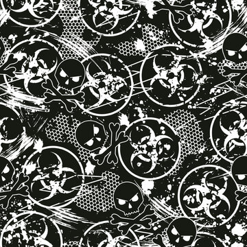 Seamless black and white camouflage pattern with Biological hazard symbol, paint brush strokes, skull and crossbones, hexagon net. For apparel, fabric, textile, sport goods. Grunge texture