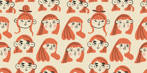 Vector seamless pattern with red hair girl portraits. Red hair women. Spring girl pattern on light background. Vector illustration