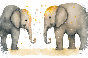 Elephants in watercolor for nursery adorable poster design for baby shower; template with young child. Generative AI