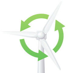 Top of a white 3D Wind Turbine from the front with the circular green arrows of the blades indicating the operation of the blades (cut out) - obrazy, fototapety, plakaty