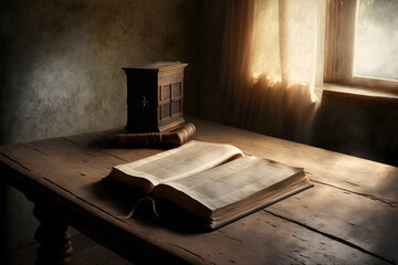 Old wooden table with an open holy bible and a white wall as a backdrop in a pleasant, comfortable religious image. Generative AI