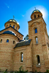 Fototapeta premium Christian church cross in high steeple tower for prayer