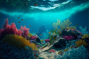 Fototapeta na wymiar Colorful multi-colored underwater landscape with coral fish and stones. Small black and yellow fish on the sea background. AI generated.