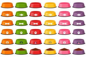 Vector colorful image of bowls for pet food. Feeding cats and dogs. The concept of veterinary care for pets. Design element for applications, website, etc.