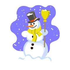 very cute snowman with a broom in his hand with a black hat and a bright scarf falling snow vector situation