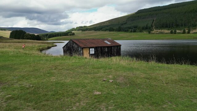 Aerial view of Loch Shandra in Angus, Scotland