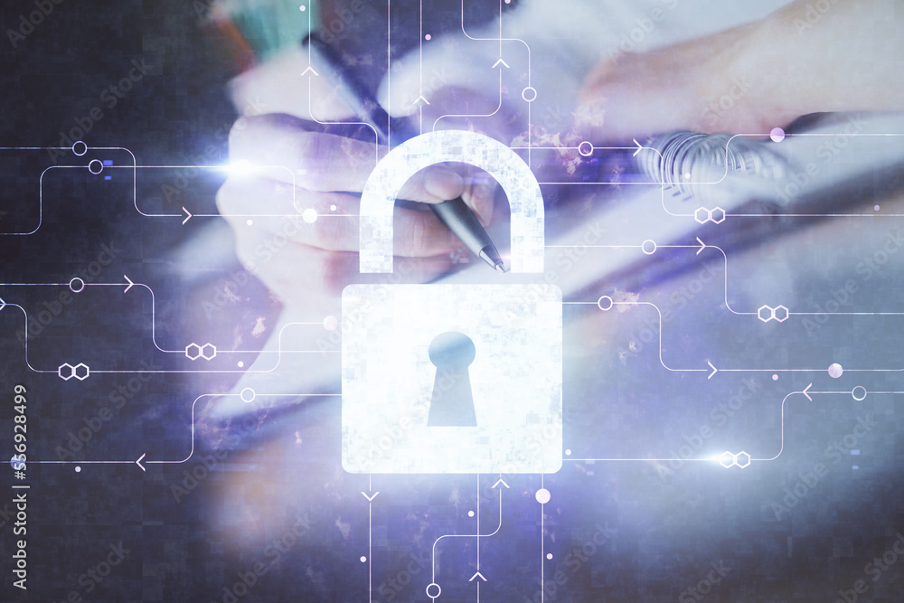 Aufkleber double exposure of woman's hands writing with lock icon. concept of security and protection of data