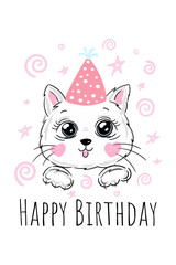 Happy Birthday card for girl. Image of a cat with a pink greeting card, kitten and inscription. Vector illustration.