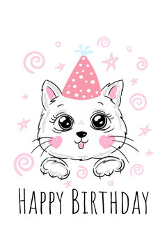 Happy Birthday card for girl. Image of a cat with a pink greeting card, kitten and inscription. Vector illustration.