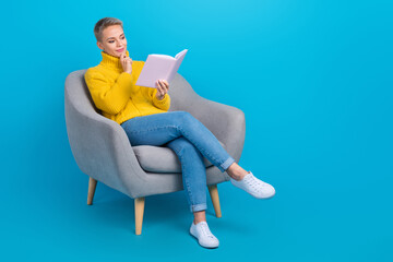 Full size photo of smart business lady sit chair wear stylish knitwear pullover reading interested...
